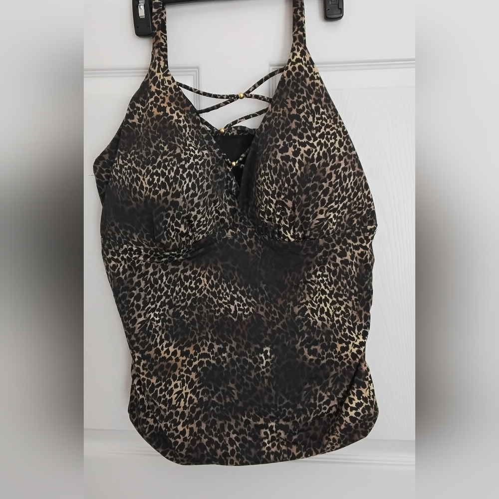 Swimsuits For All Leopard Print V-Neck Tankini Top - Brown/Black